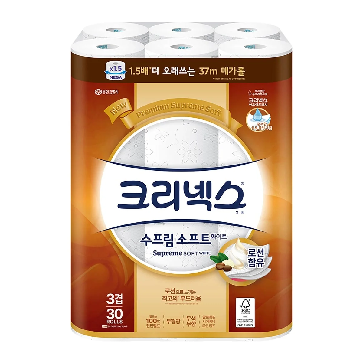 크리넥스 수프림 소프트 3겹 37M X 30롤 천연펄프